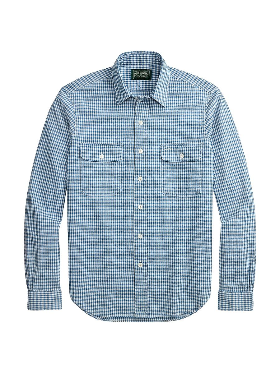 Men's Gingham Print Cotton Shirt - Indigo Cream - Size XXL
