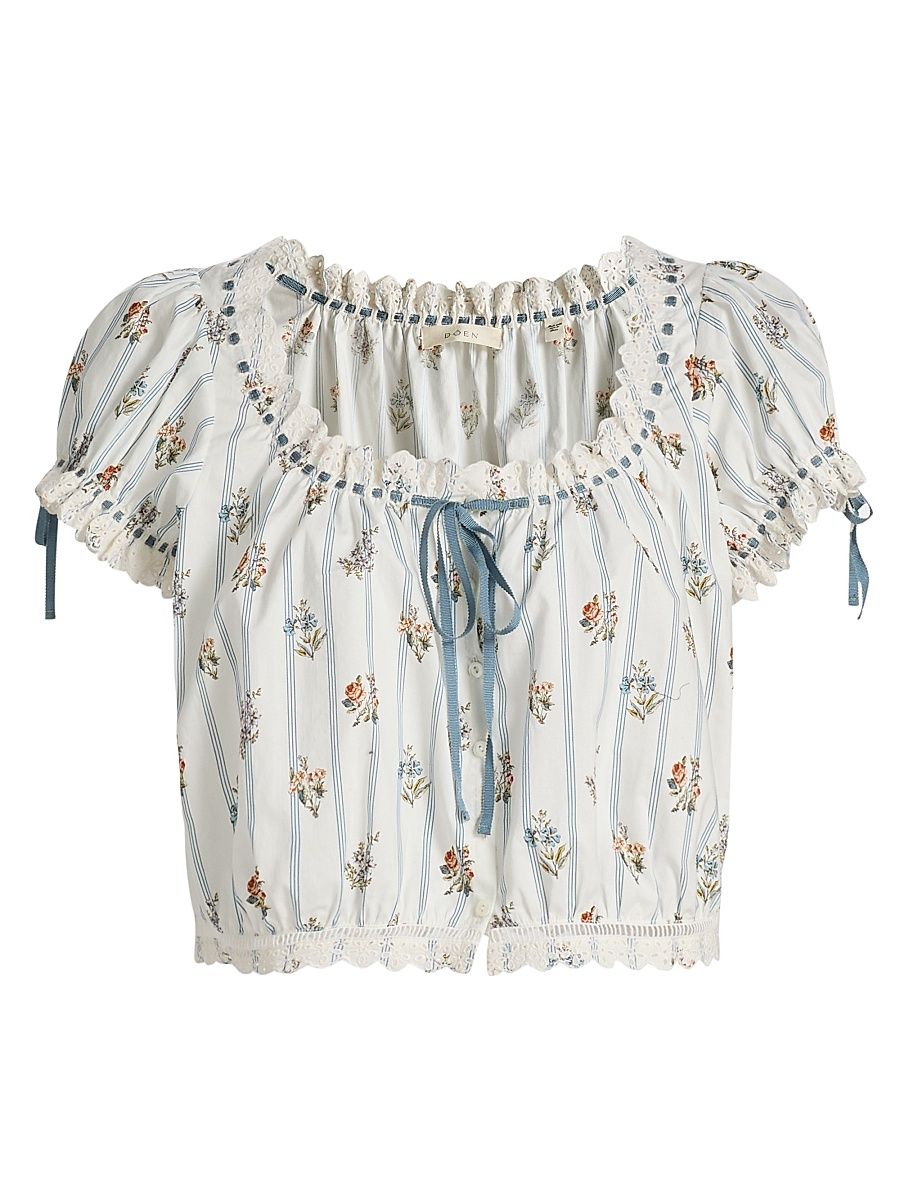 Women's Nera Floral Cotton Crop Top - Creme Fleurs De Bordeaux - Size Medium