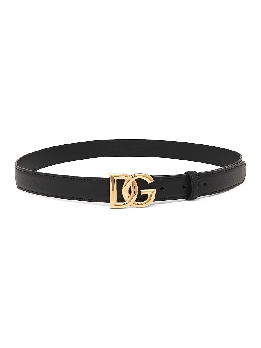 Women's Leather Logo Buckle Belt - Black - Size Medium
