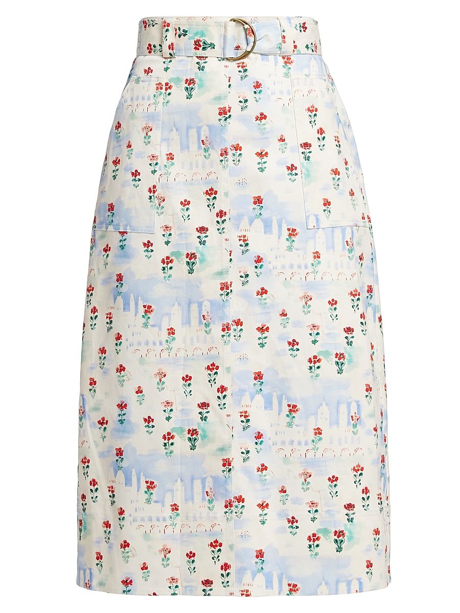 Women's Coolidge Floral Stretch Cotton Midi-Skirt - Village Floral - Size 2