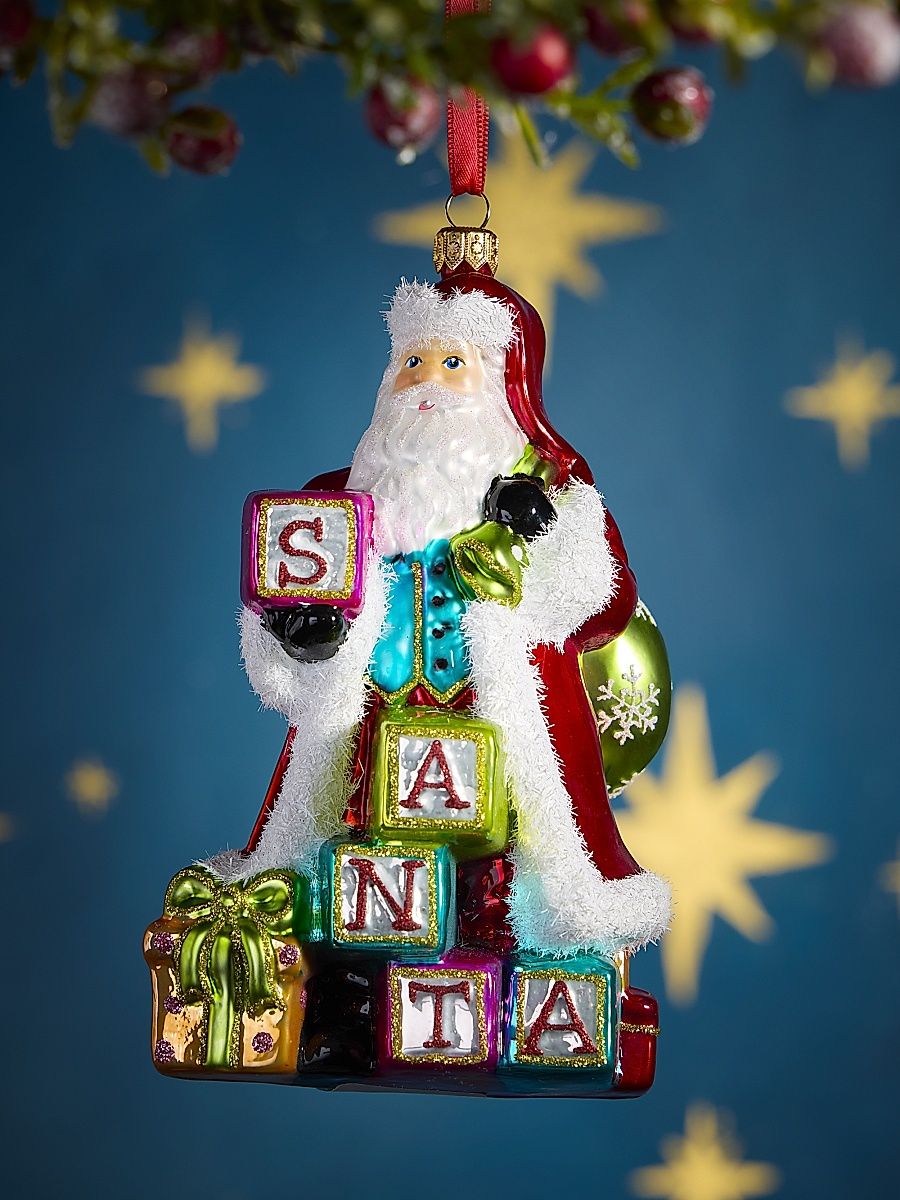 Block Santa Glass Ornament