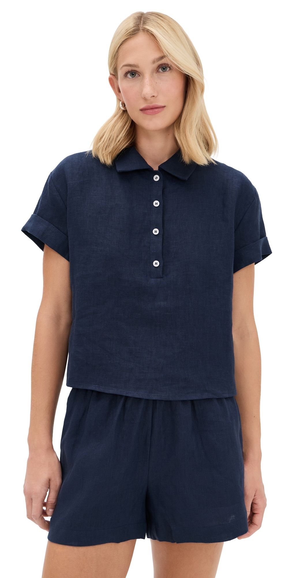 perfectwhitetee Tabitha Linen 1/4 Button Down Collared Tee Navy S
