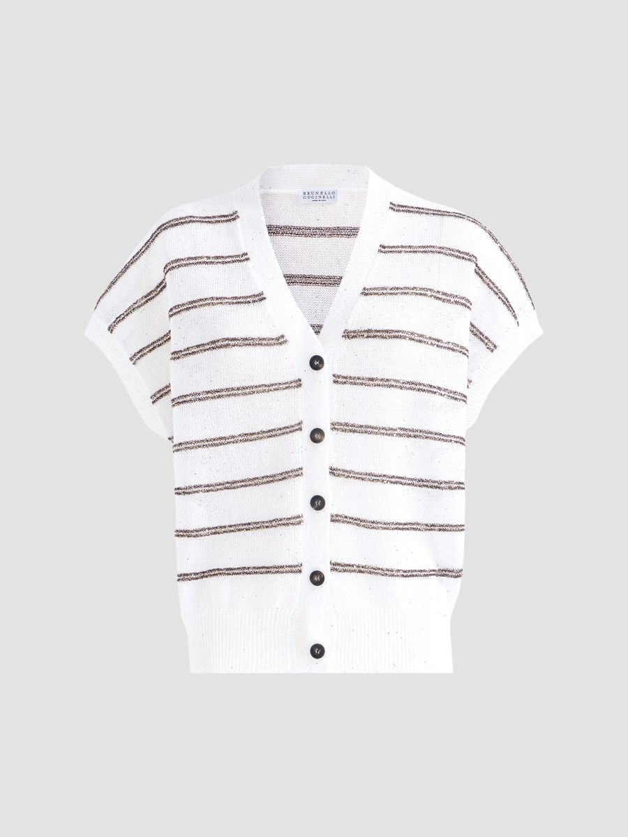 Brunello Cucinelli Women's Linen And Cotton Cardigan With Dazzling Double Stripes - White - Size XL