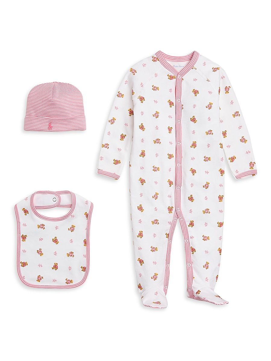 Baby Girl's Polo Bear Print Footie, Beanie & Bib Set - White Multi - Size Newborn
