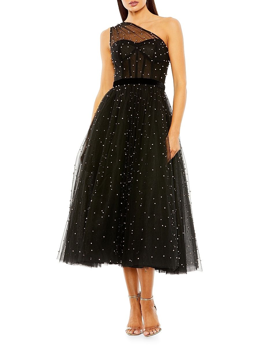 Women's Embellished Tulle One-Shoulder Midi-Ballgown - Black - Size 14