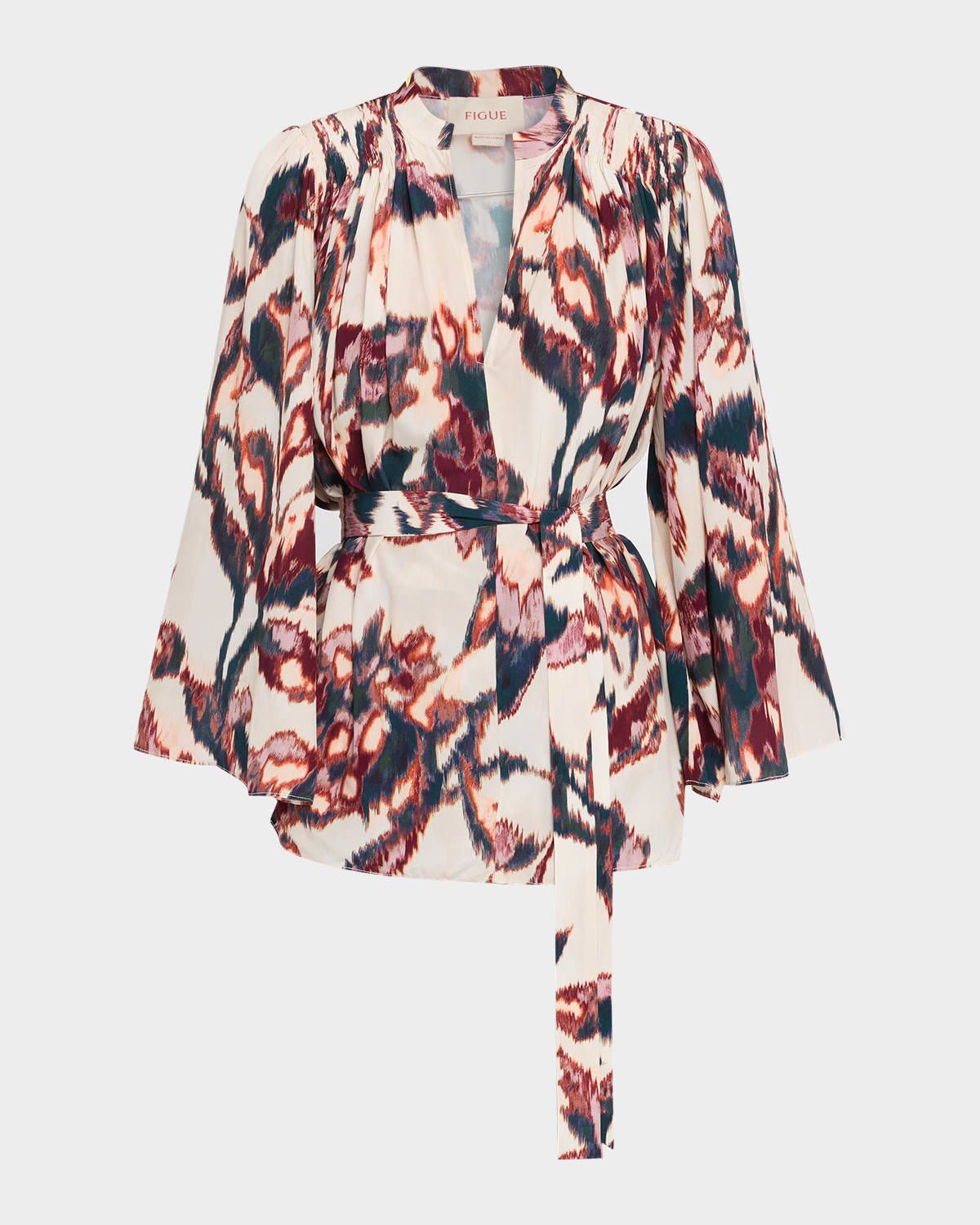 Avery Ikat-Print Belted Long-Sleeve Top