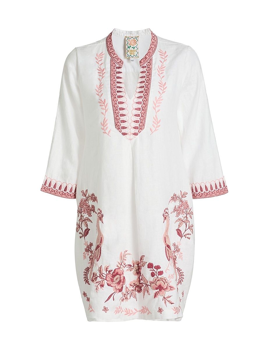 Women's Linen Embroidered V-Neck Minidress - White - Size XS