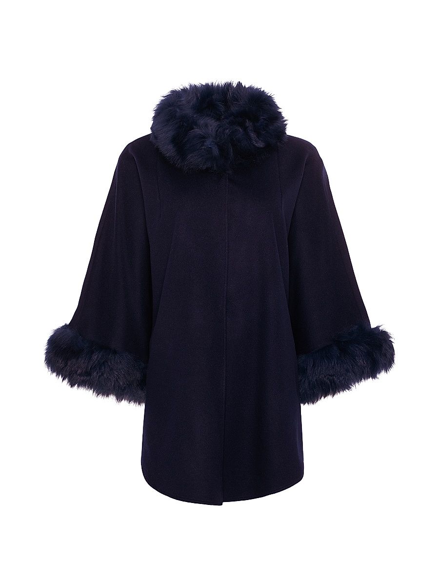Women's Cashmere and Wool Blend Cape with Select Lamb Trim - Navy