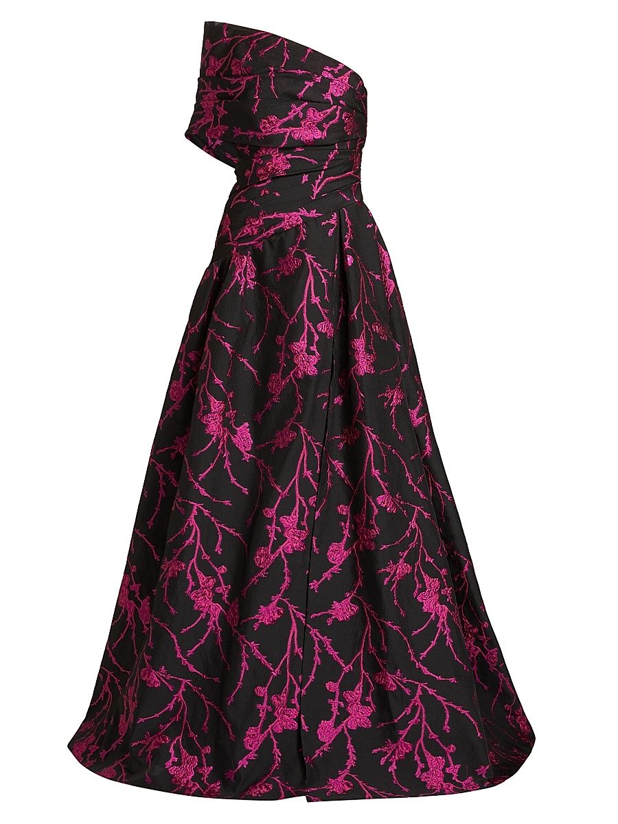 Women's Floral Fil Coupé One-Shoulder Gown - Black Fuchsia - Size 4