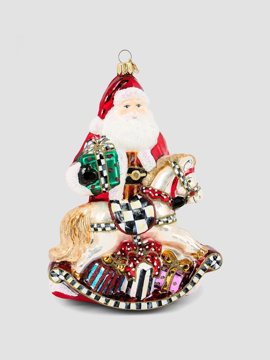 MacKenzie-Childs Santa with Rocking Horse Glass Ornament