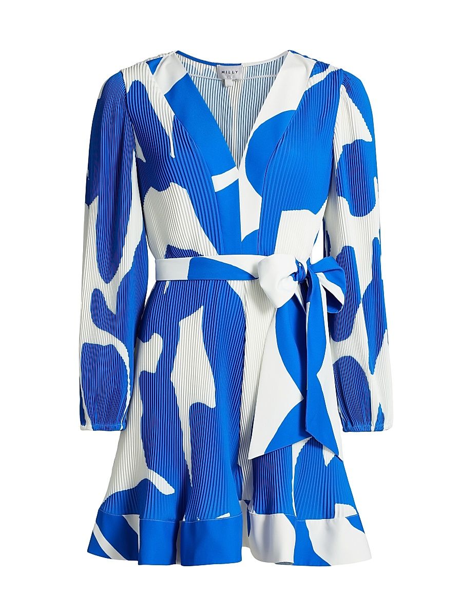 Women's Liv Grand Foliage Pleated Minidress - Blue White - Size 12