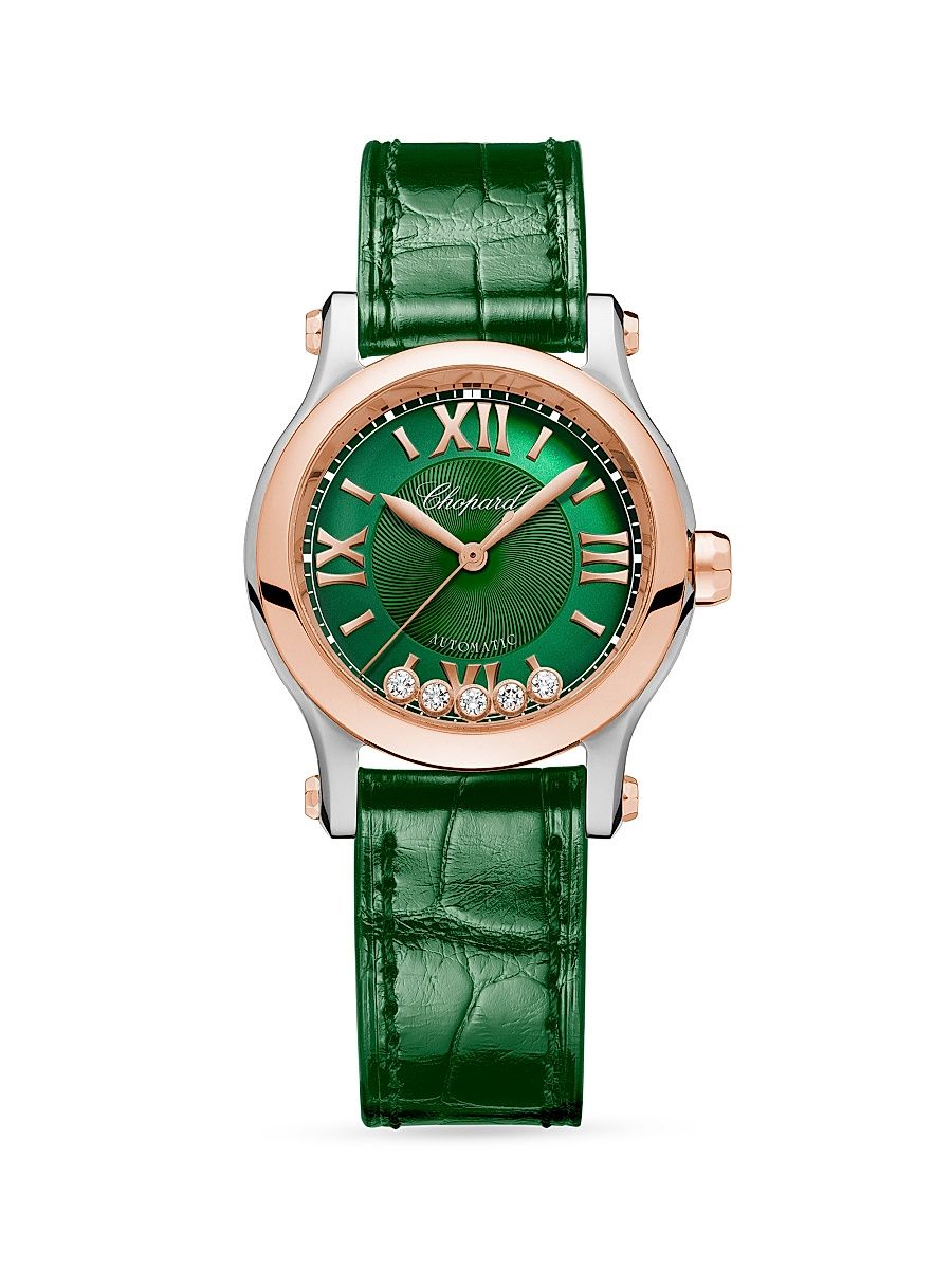Women's Happy Sport 18K Rose Gold, Stainless Steel, Diamond, & Alligator Leather Strap Watch - Green