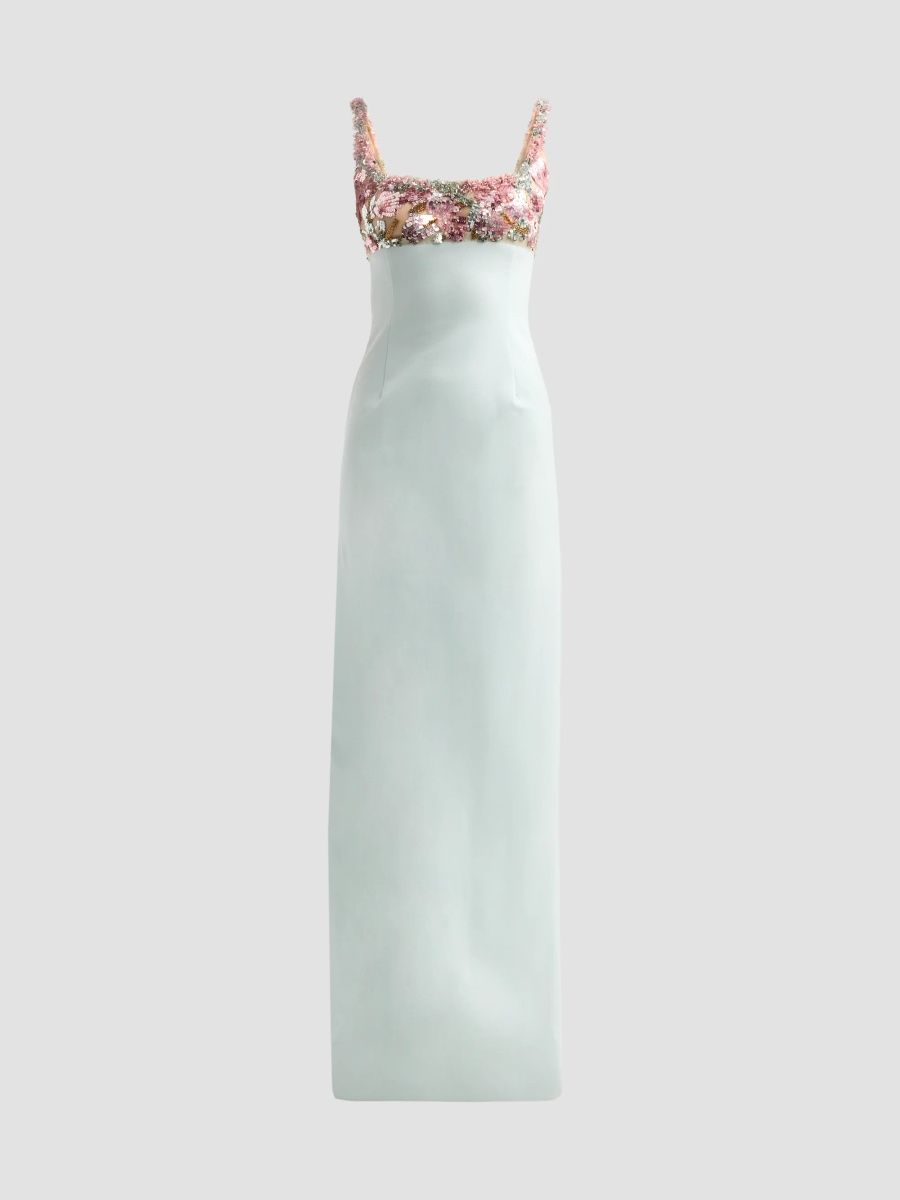 Oscar de la Renta Women's Beaded Iris Embroidered Wool Gown - Soft Sage - Size 8