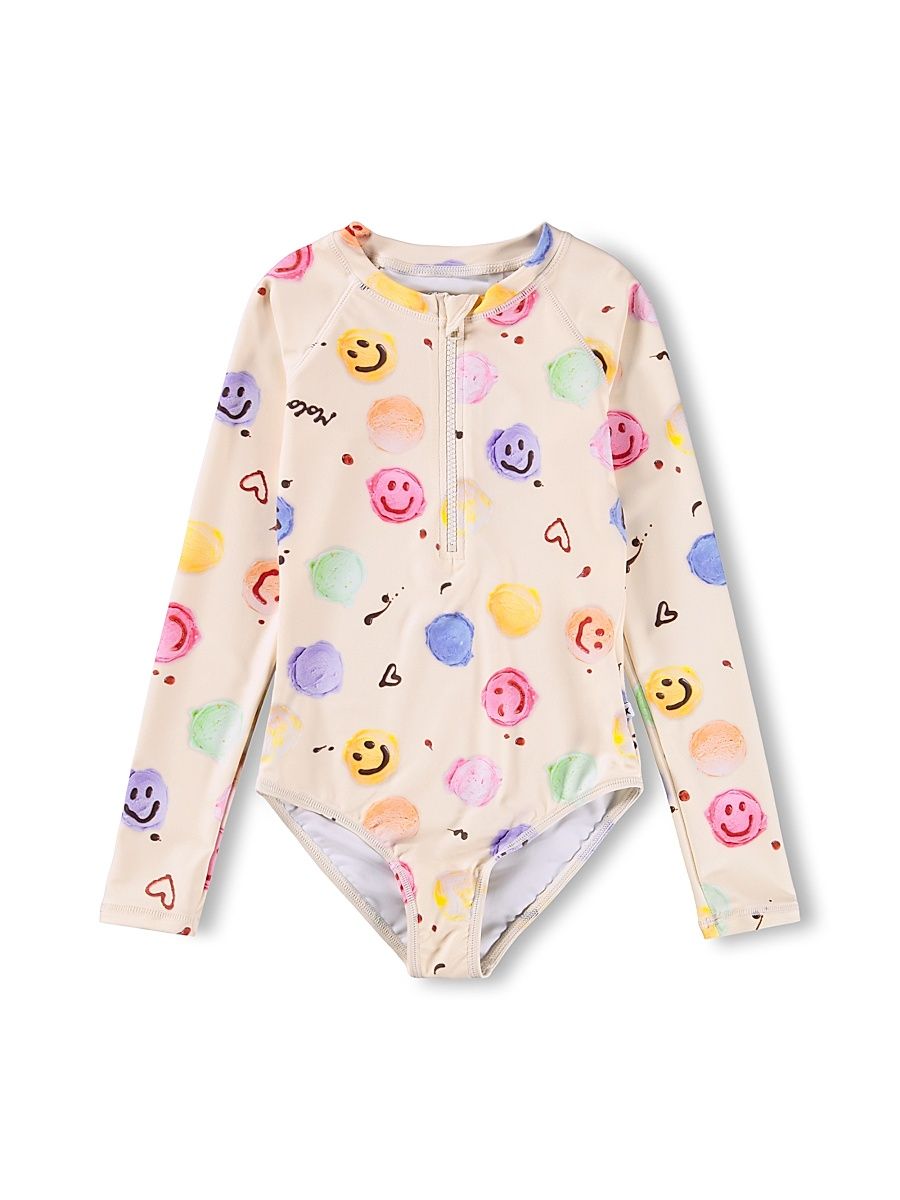 Little Girl's & Girl's Smiley Face Long-Sleeve Rashguard Swimsuit - Smile Scoops - Size 11