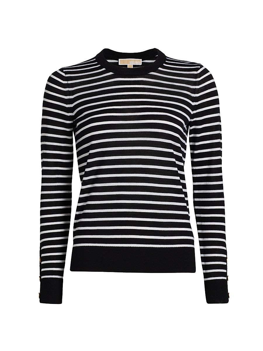Women's Striped Merino Wool Sweater - Black White - Size XL
