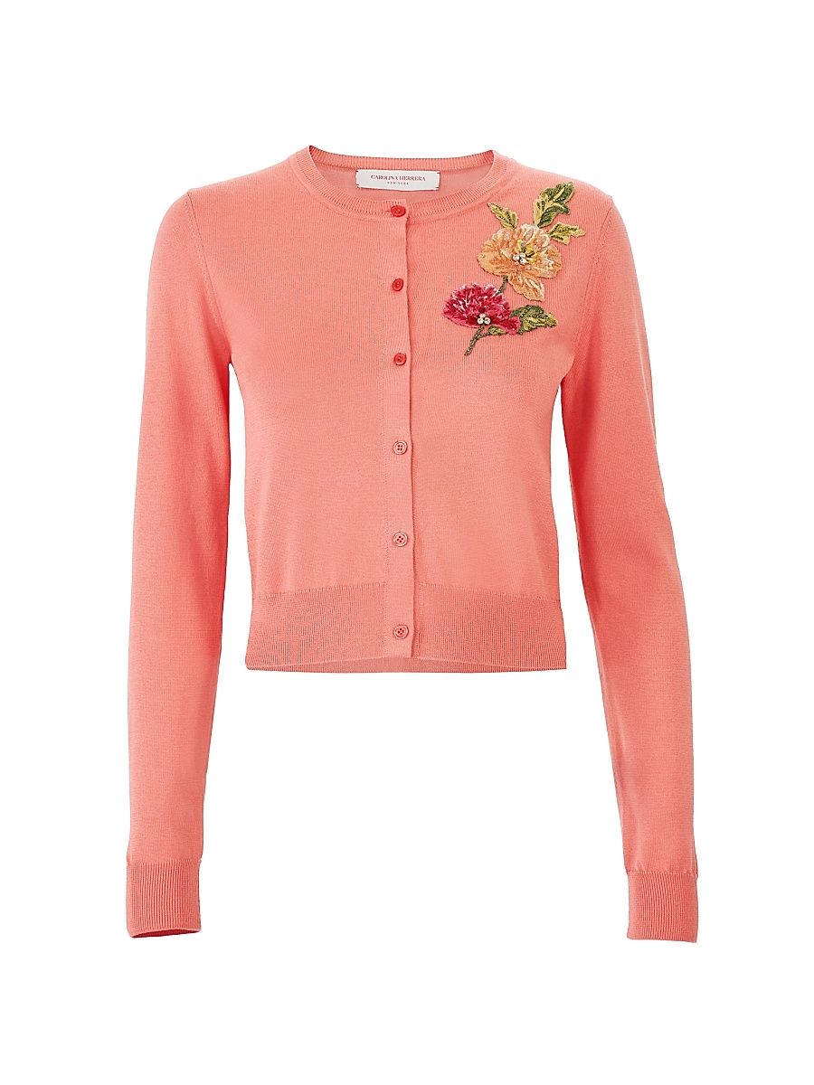 Women's Floral Embroidered Silk-Cotton Cardigan - Sunset Multi - Size Large