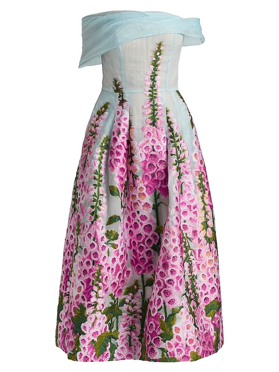 Women's Foxgloves-Embroidered Organza Off-the-Shoulder Dress - Lilac Sky - Size 10