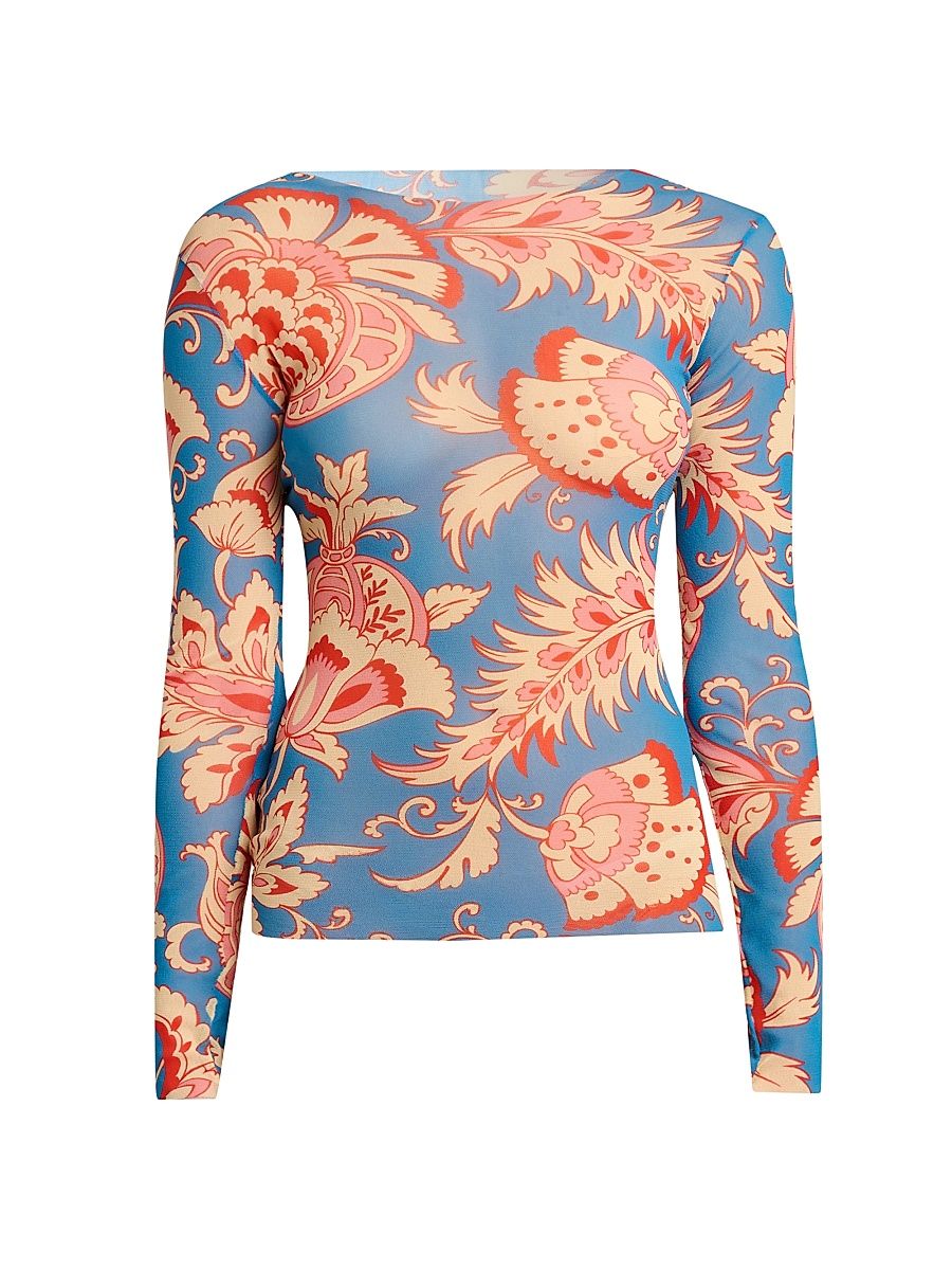 Women's Lotus Print Mesh Long-Sleeve Top - Stampa Do Azzurro - Size 12