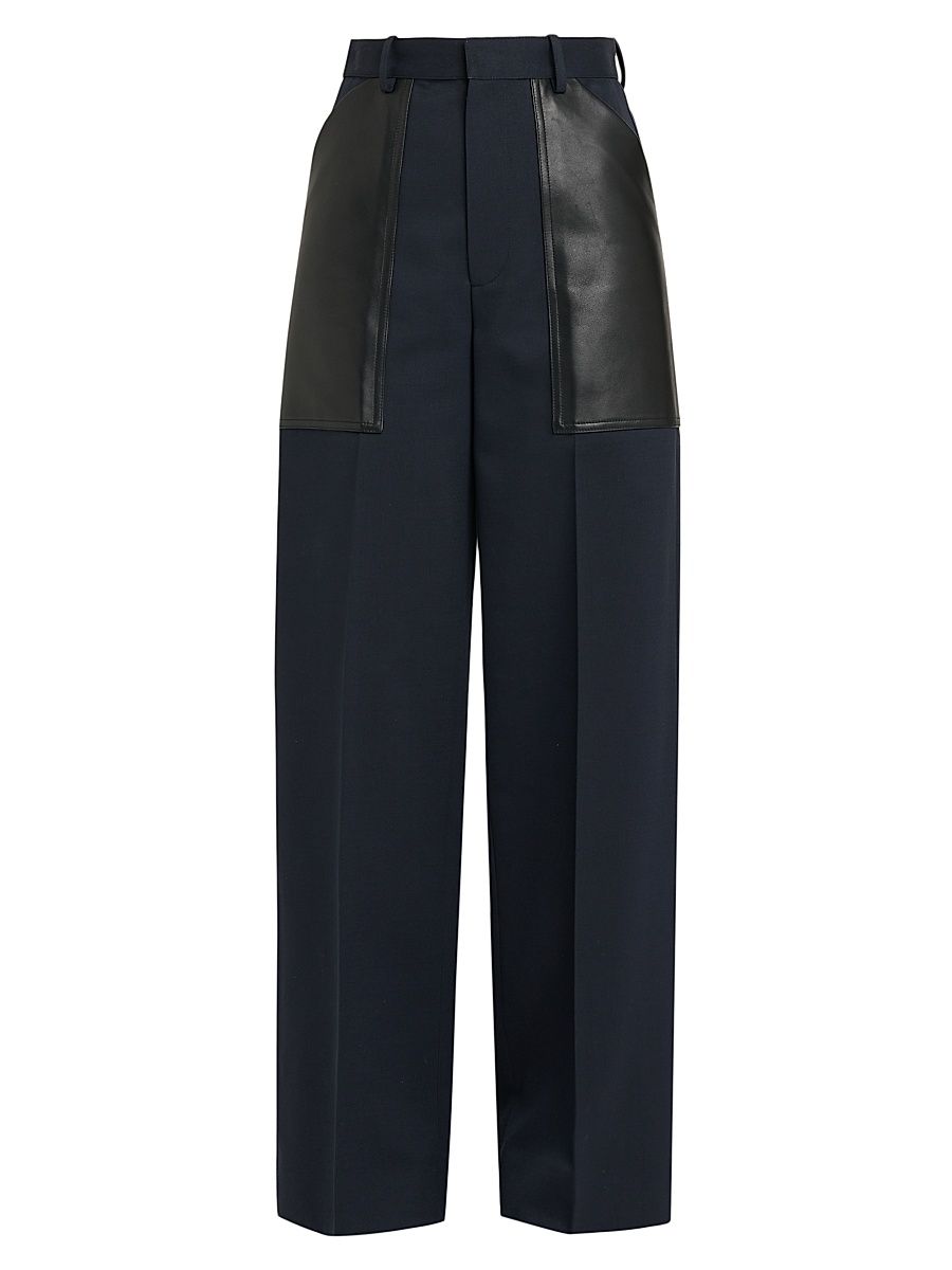 Women's Mixed-Media Cotton & Wool Wide-Leg Trousers - Midnight Blue - Size 6