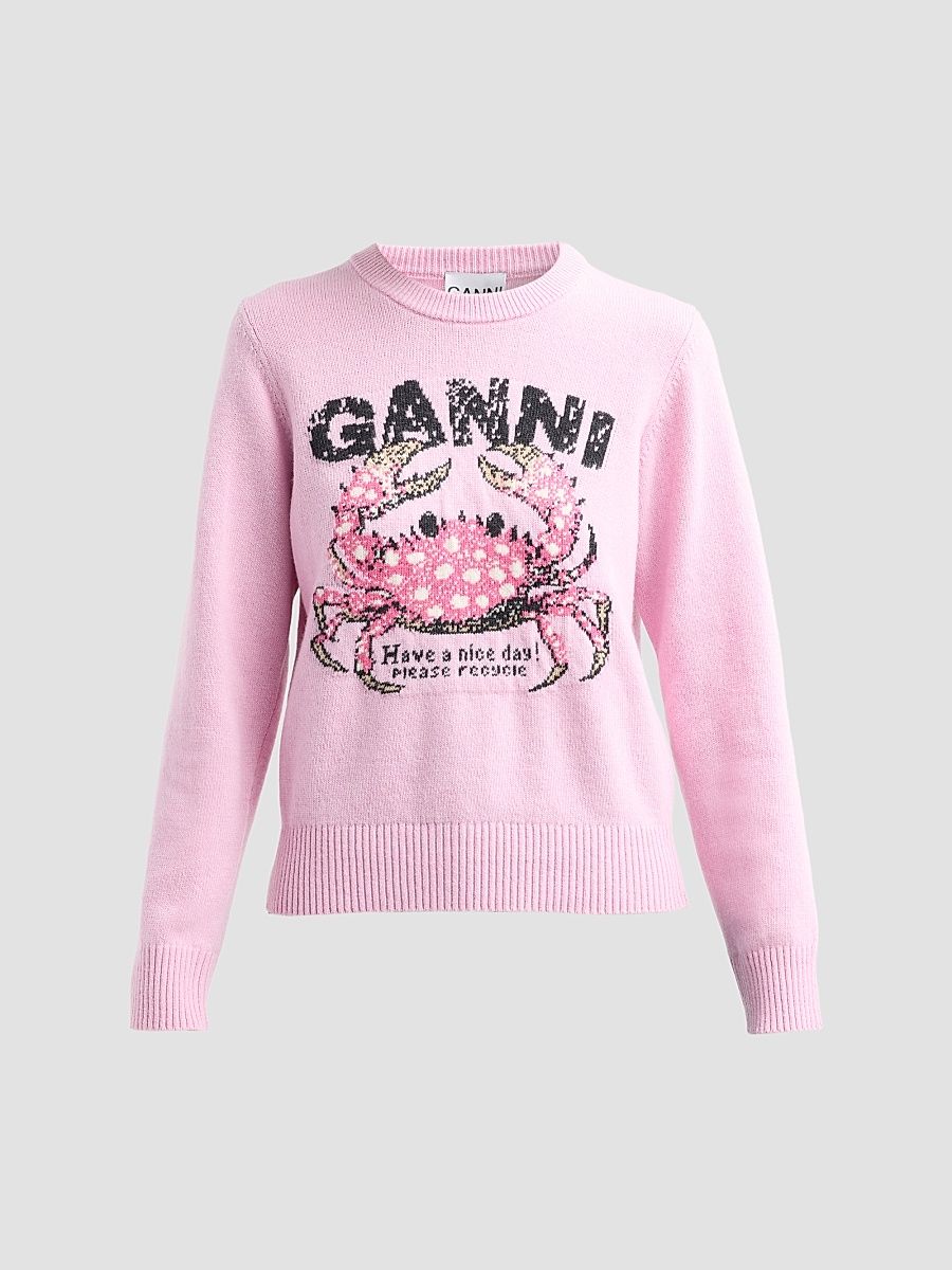 Women's Crab Graphic Wool-Blend Sweater - Chalk Pink - Size XL