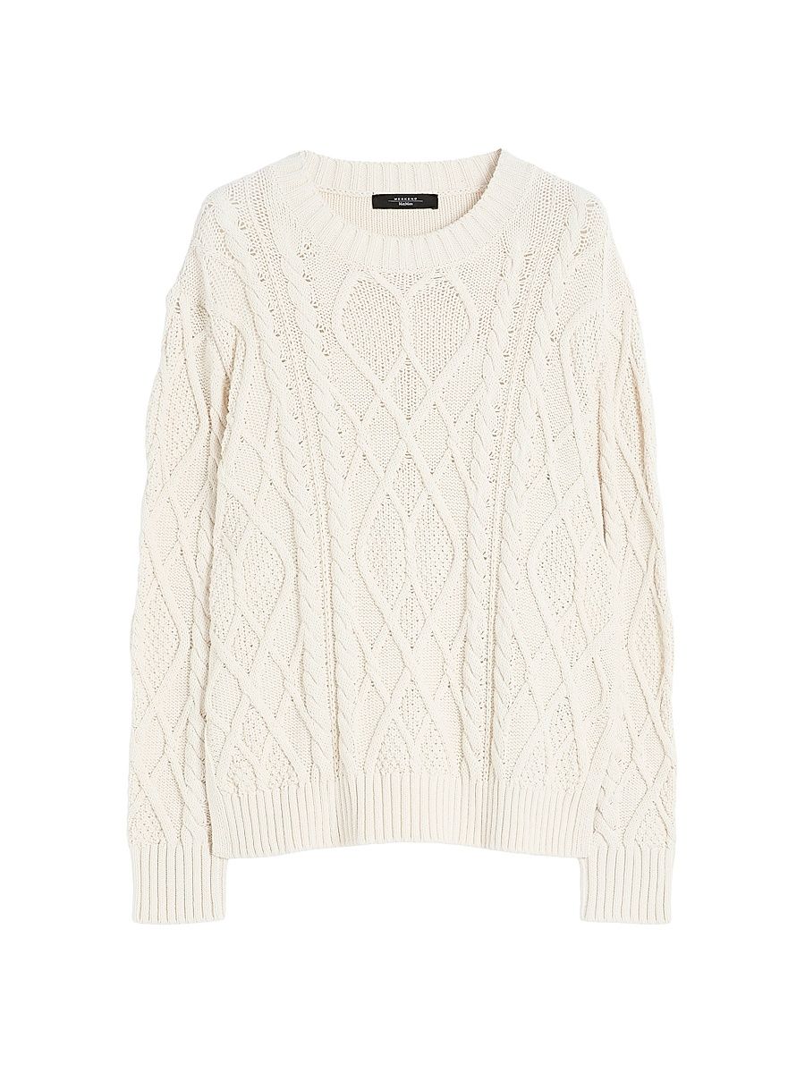 Women's Cable and Diamond Knit Cotton Sweater - Ecru - Size XL