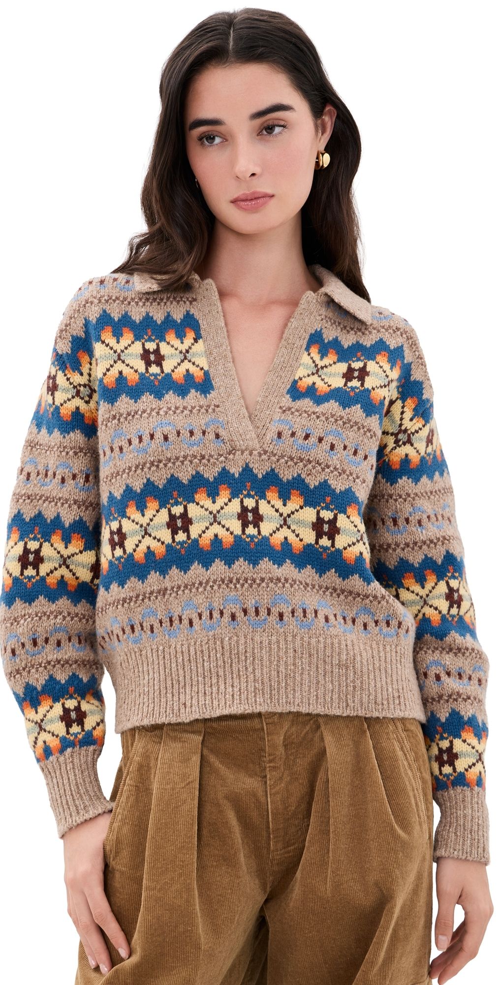 Polo Ralph Lauren Wool Blend Collared Sweater Tan Multi XS