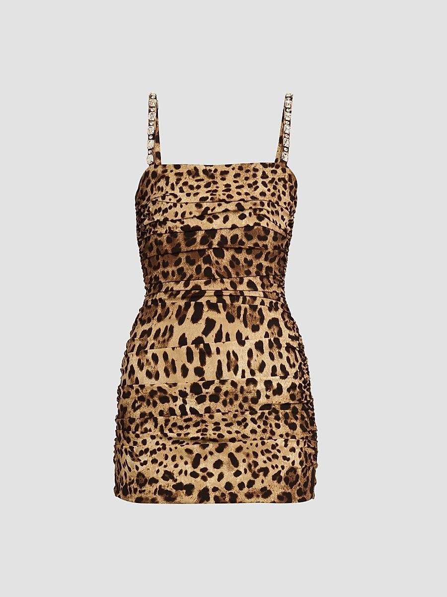Women's Ruched Leopard Silk Charmeuse Mini Dress - Leo - Size 12