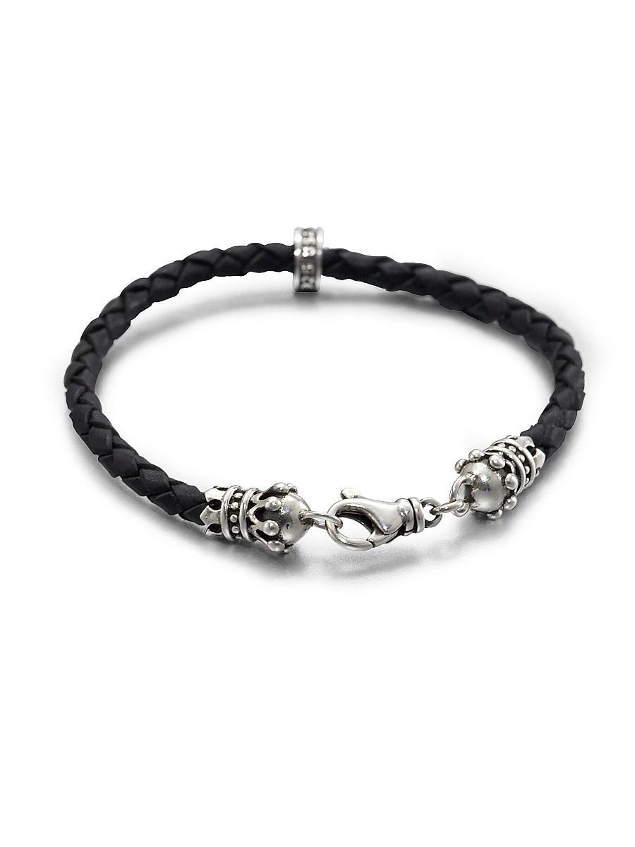 Men's Leather Crown Bracelet - Silver Black