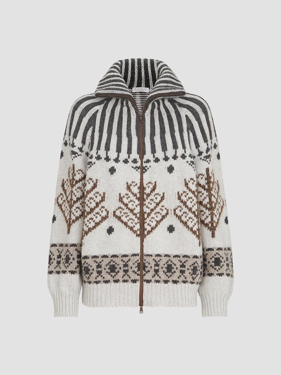 Brunello Cucinelli Women's Cashmere and Mohair Nordic Heritage High-Neck Cardigan - Pearl - Size XS