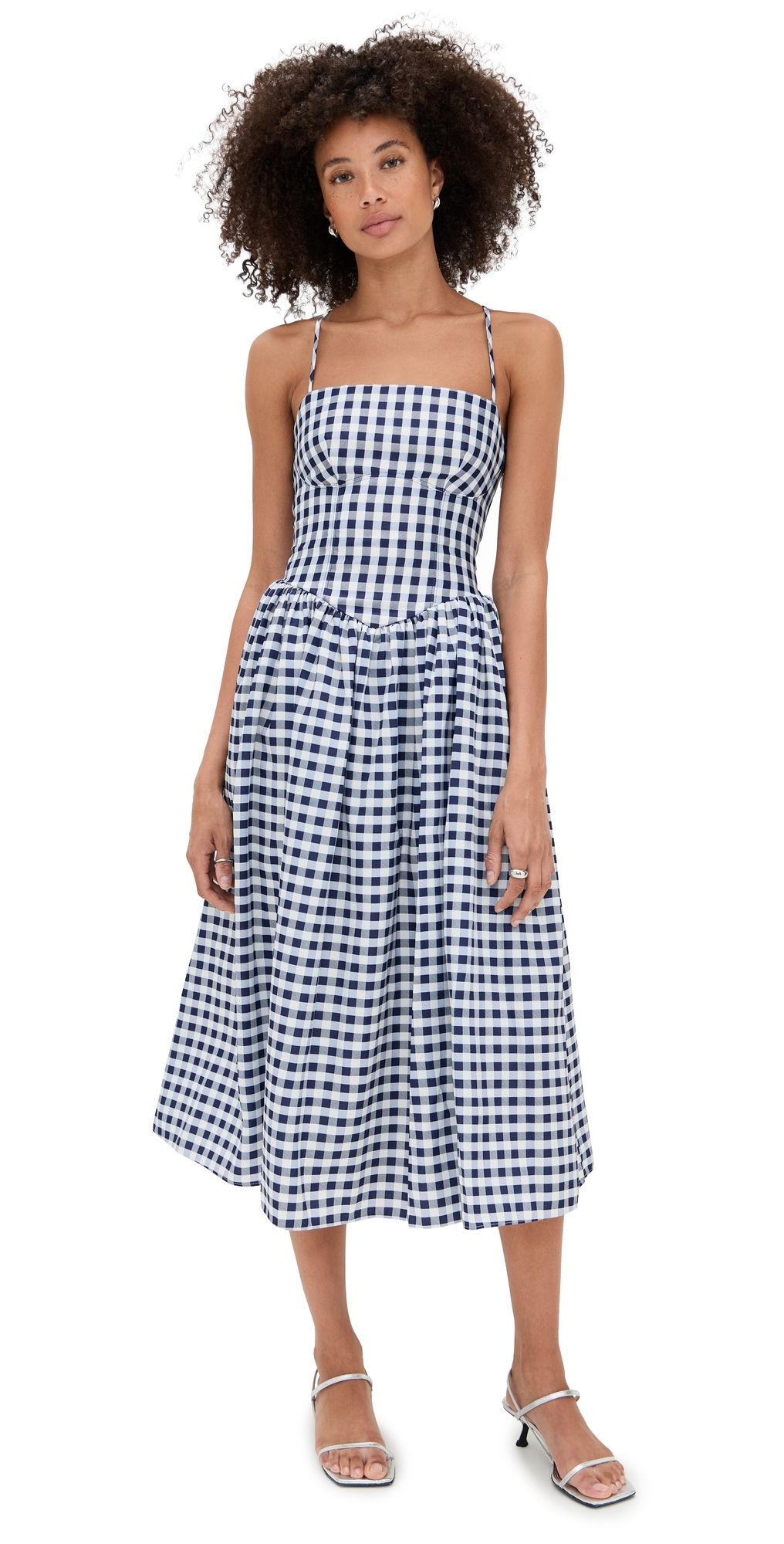 Self Portrait Navy Printed Taffeta Midi Dress Navy Gingham 6