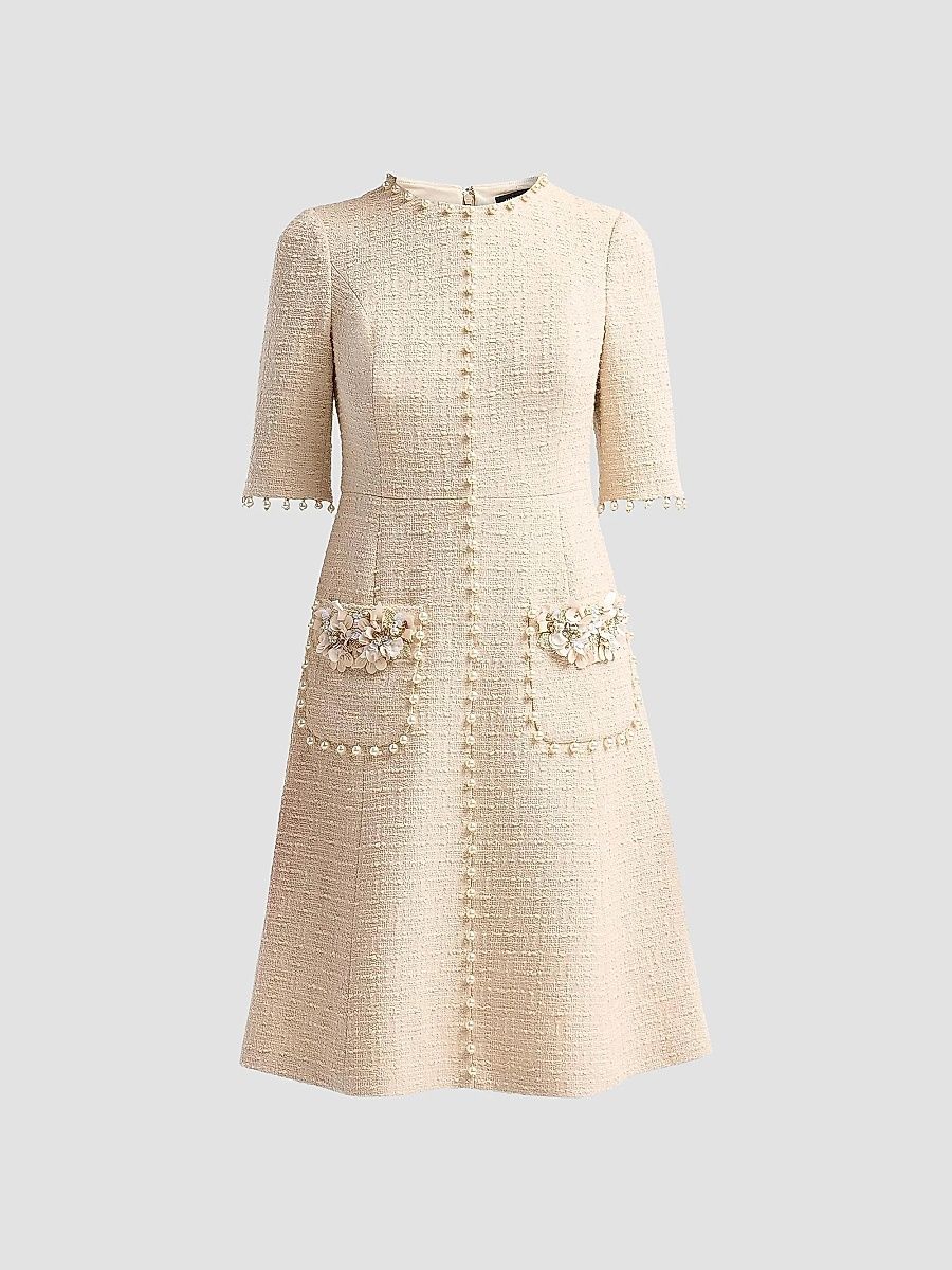 Teri Jon by Rickie Freeman Women's Imitation Pearl-Trimmed Bouclé Cocktail Dress - French Vanilla - Size 16