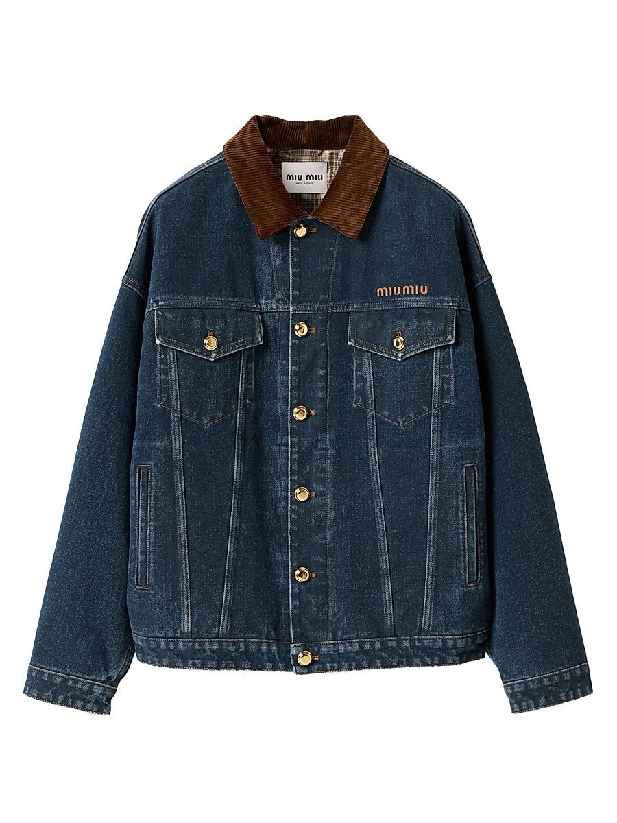 Women's Flocked Denim and Velvet Blouson Jacket - Blue - Size 8