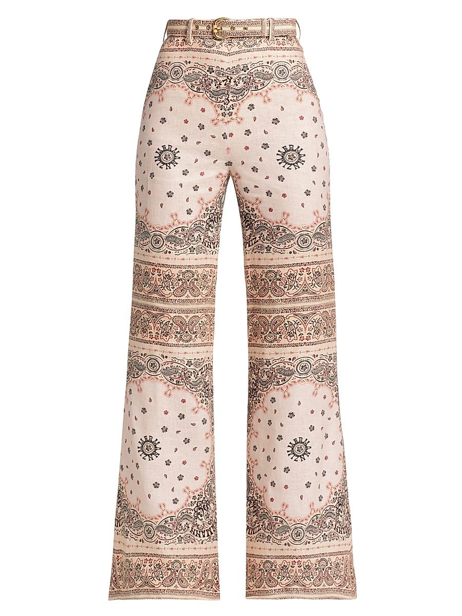Women's Belted Flared Linen Pants - Cream Bandana - Size 0
