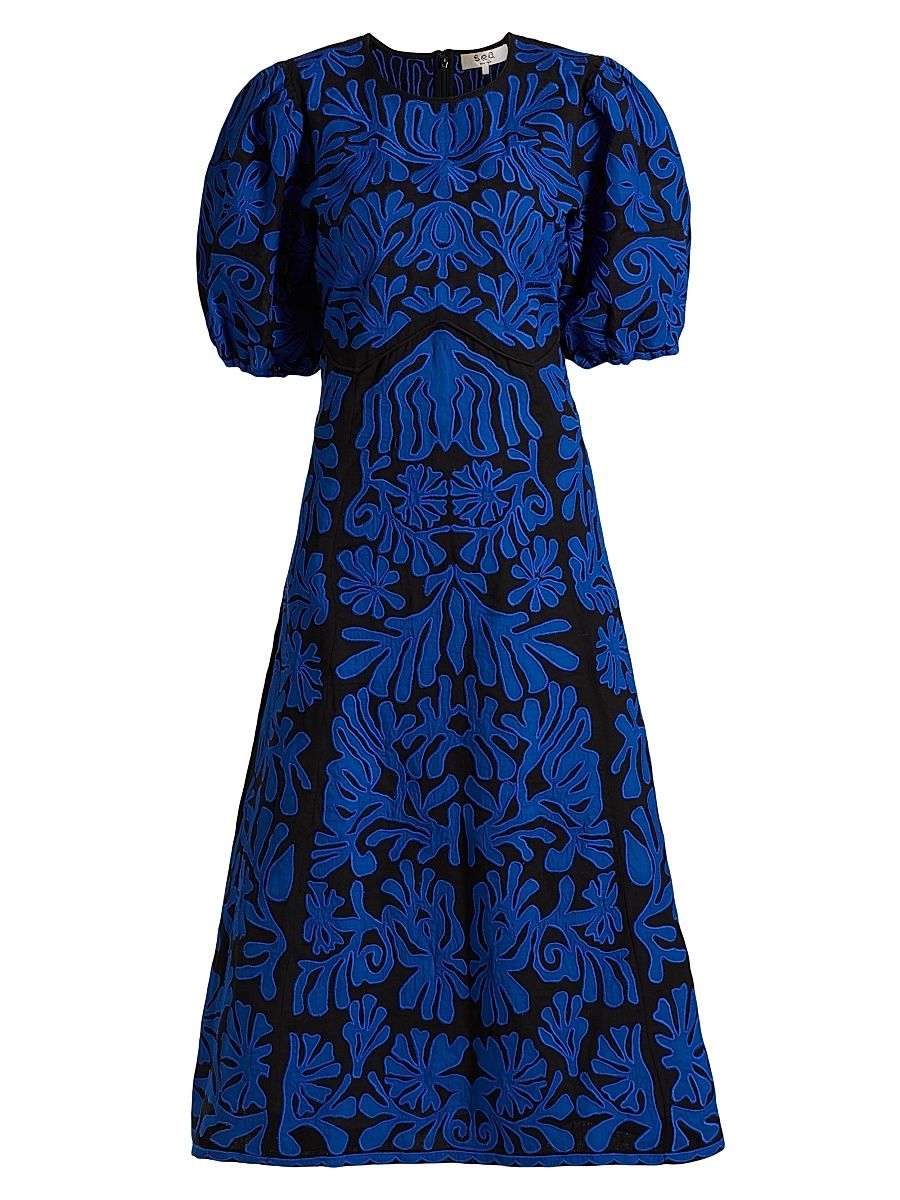 Women's Agathe Applique Puff-Sleeve Midi-Dress - Blue - Size 10