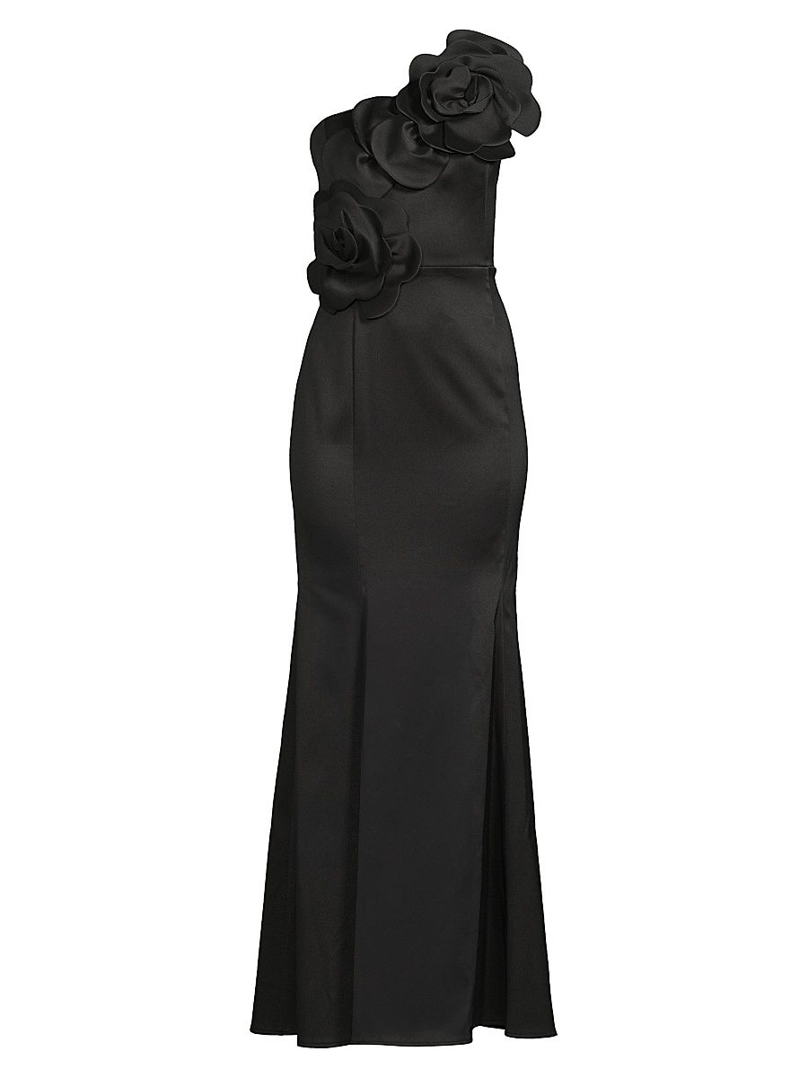 Women's One-Shoulder Floral Appliqué Crepe Gown - Black - Size 16