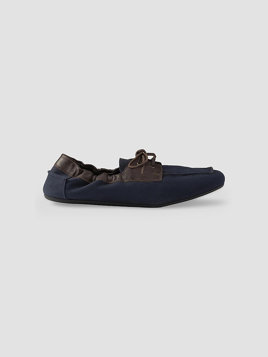 Prada Men's Shuffle Aged Canvas and Leather Boat Shoes - Blue - Size 12