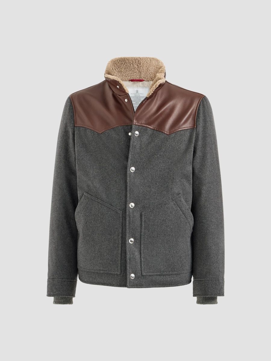 Brunello Cucinelli Men's Bonded Wool Flannel Paneled Down Jacket with Shearling Collar - Dark Grey - Size XXXXL
