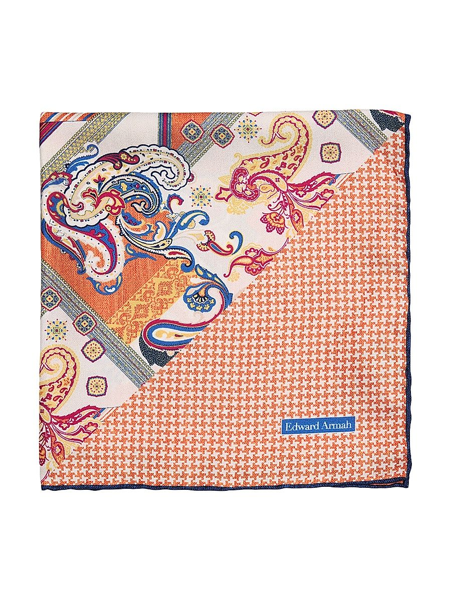 Men's Printed Silk Pocket Square - Orange