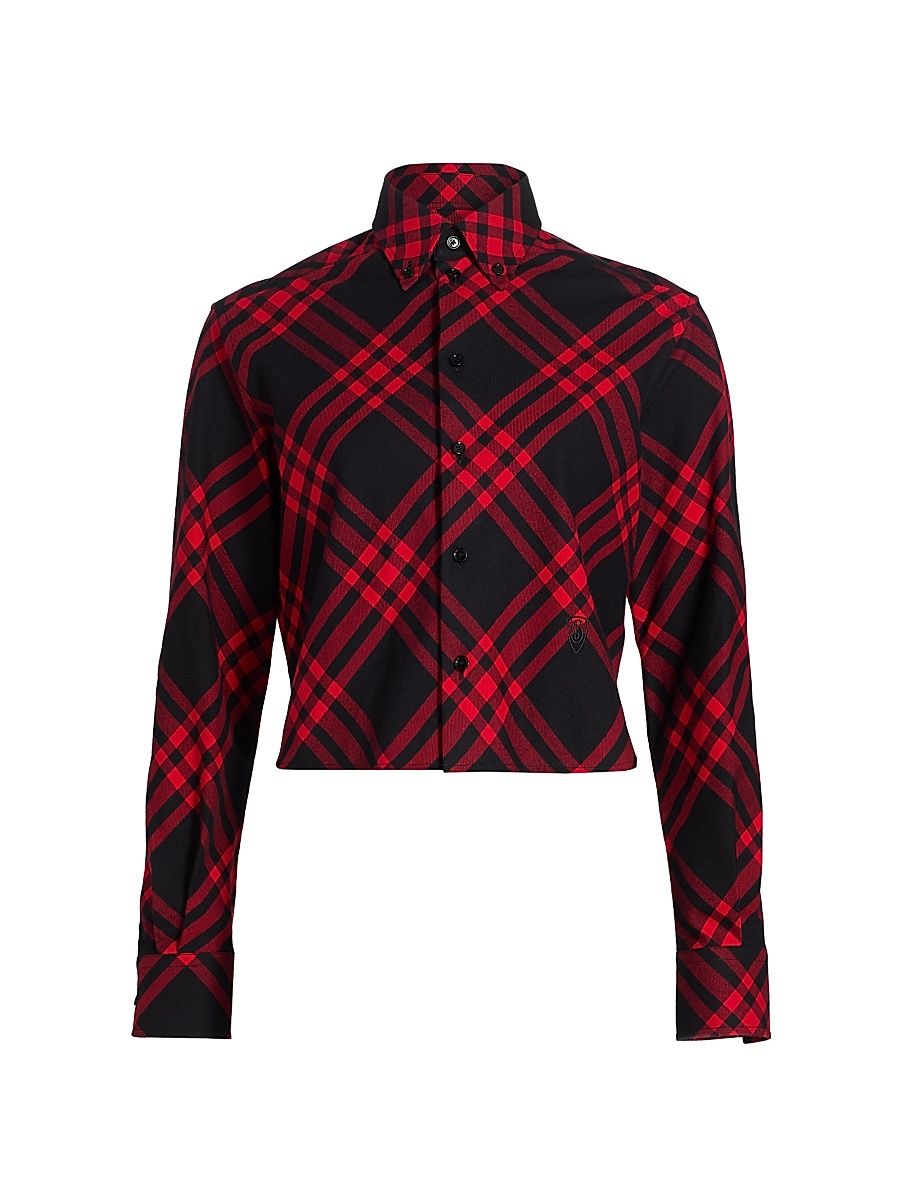 Women's Plaid Cotton Cropped Shirt - Cranberry - Size 8