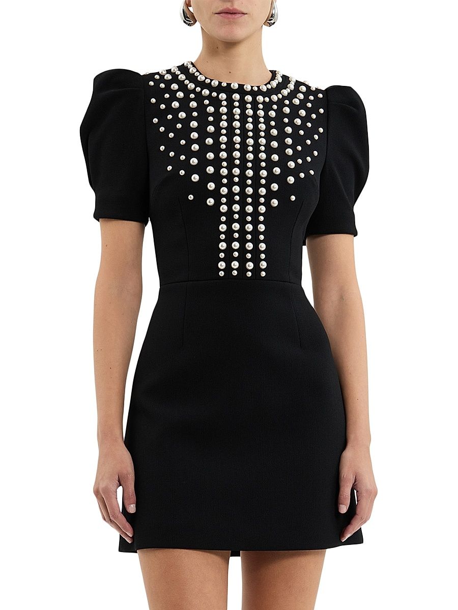Women's Pearly Embellished Crepe Puff-Sleeve Minidress - Black - Size 10