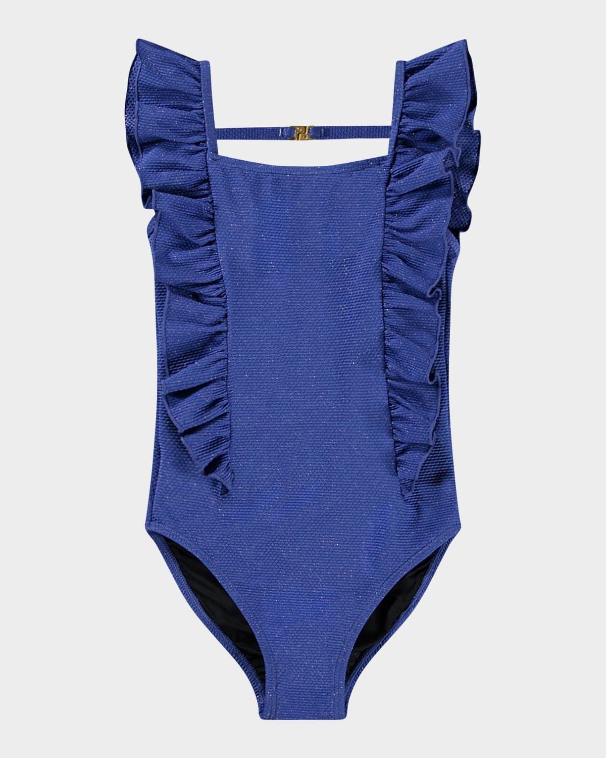 Girl & apos;s Nathalie Sparkly Ruffle One-Piece Swimsuit, Size 8-14