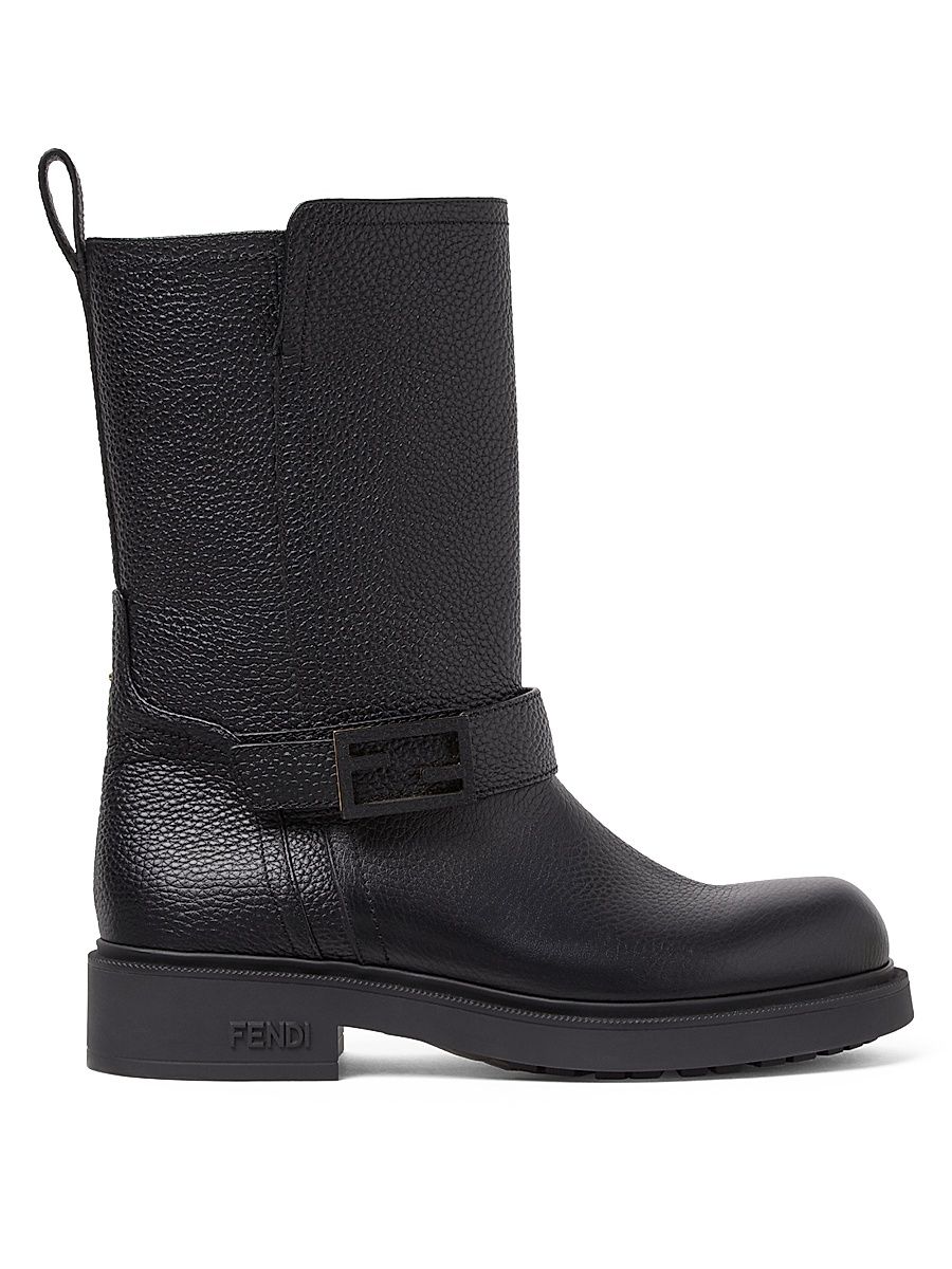 Women's Vitello Pebbled Leather Biker Boots - Nero - Size 7.5