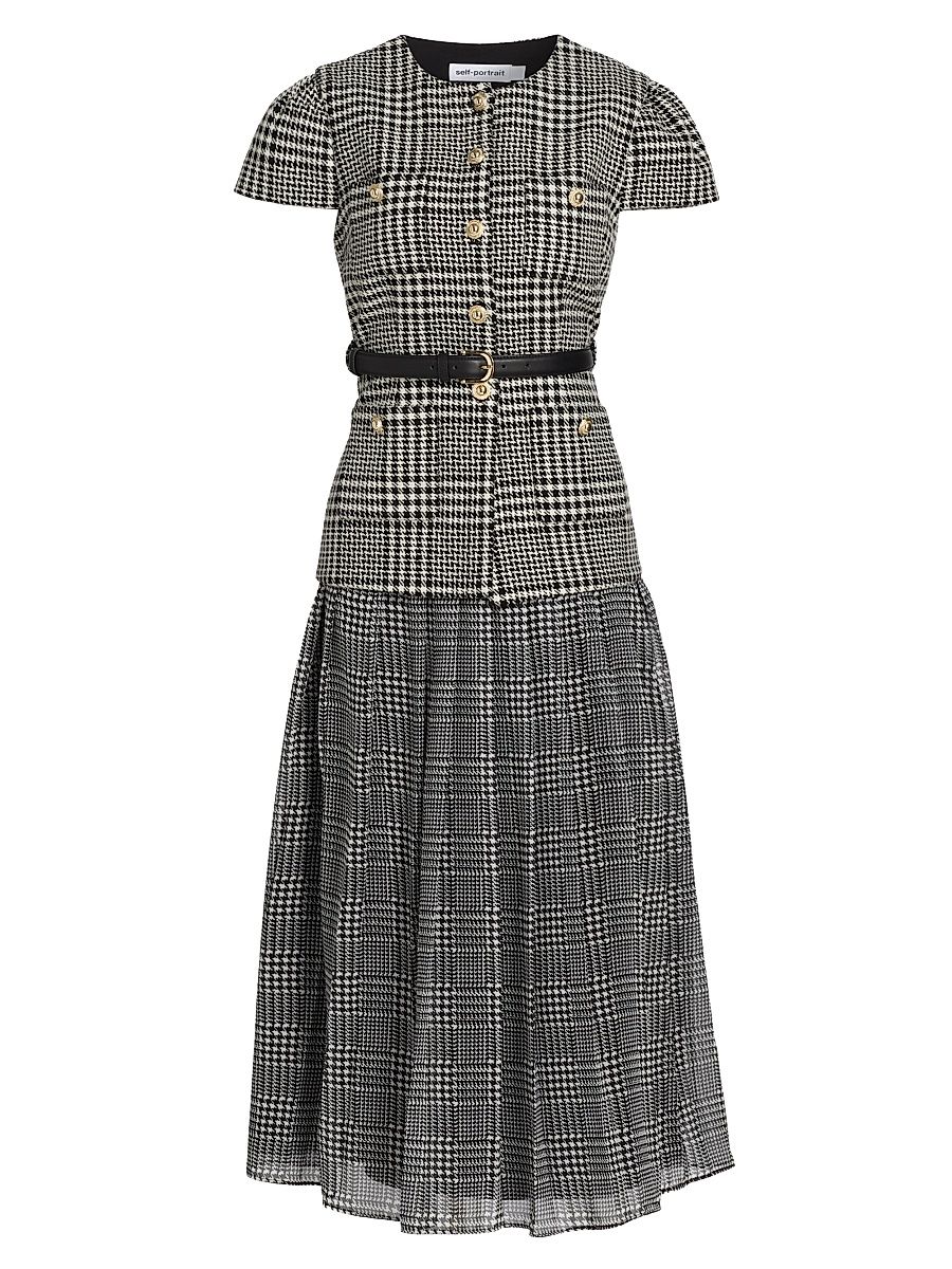 Women's Houndstooth Belted Midi-Dress - Black And White - Size 2