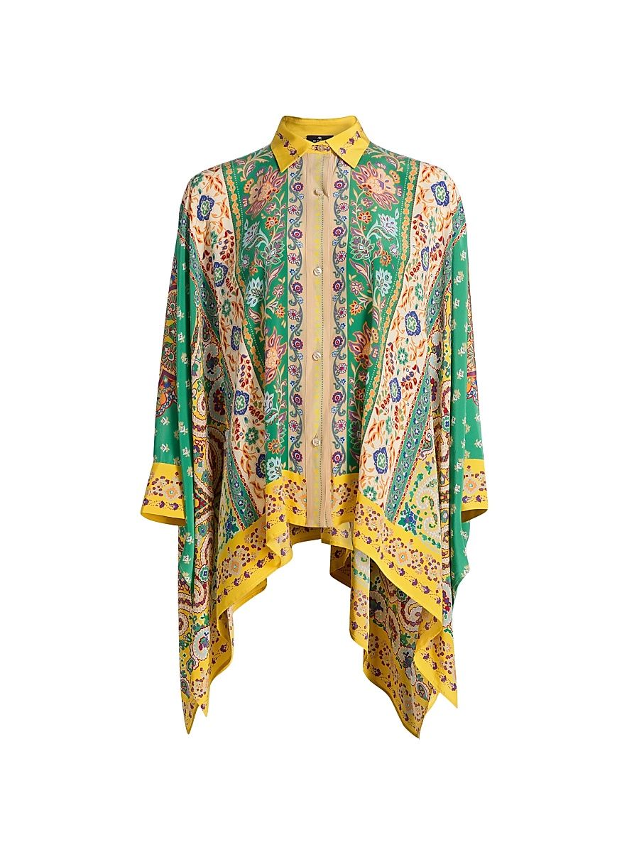Women's Floral Silk Draped Beach Shirt - Printed Green Base - Size 10