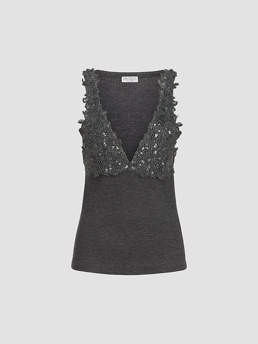 Women's Ribbed Wool Jersey Top with Dazzling Lace Embroidery - Lead