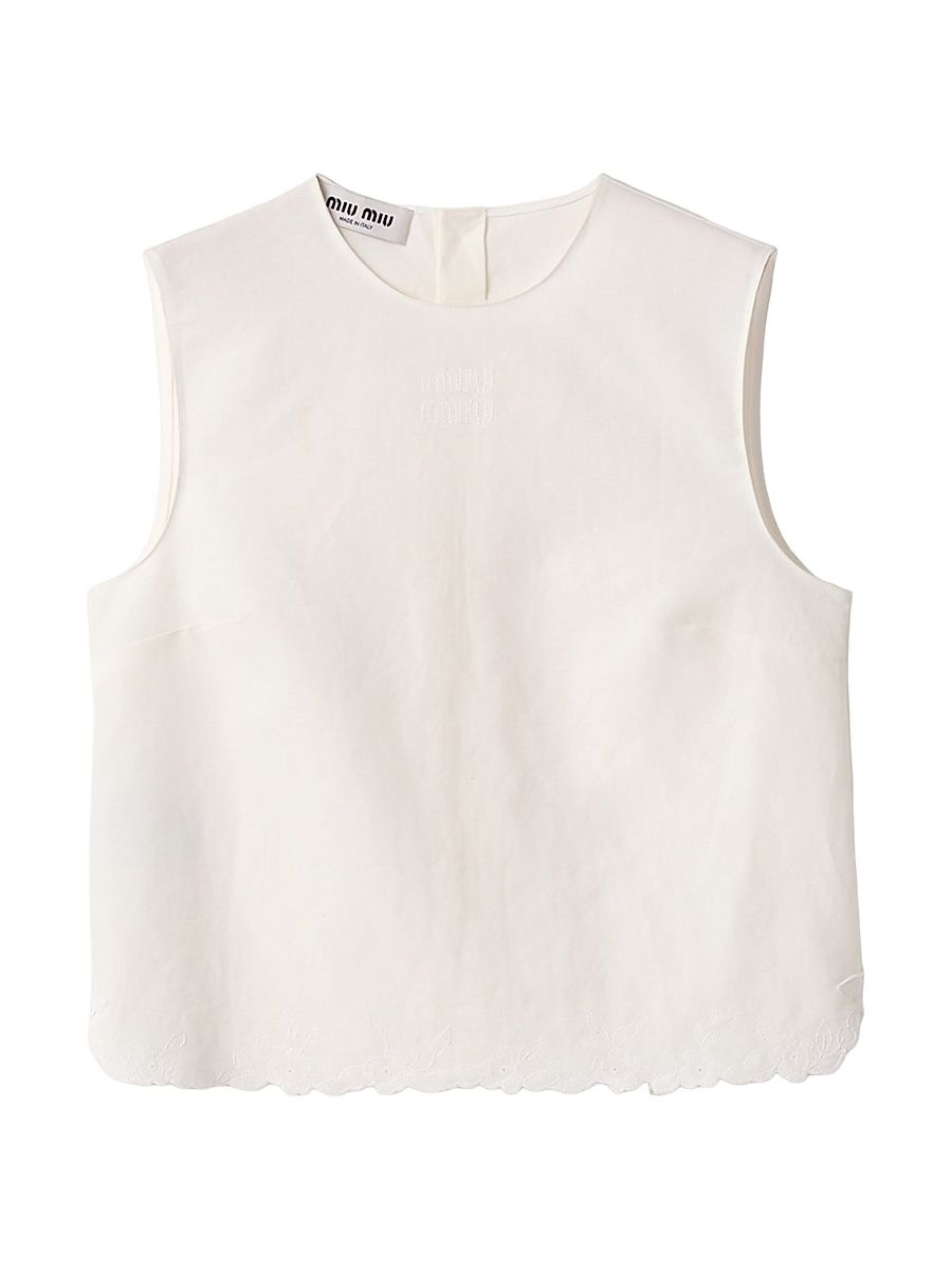 Women's Embroidered Slubbed Canvas Top - White - Size 8