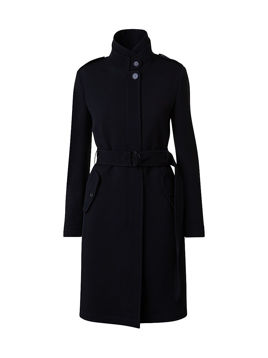 Women's Virgin Wool Belted Long Jacket - Black - Size 14