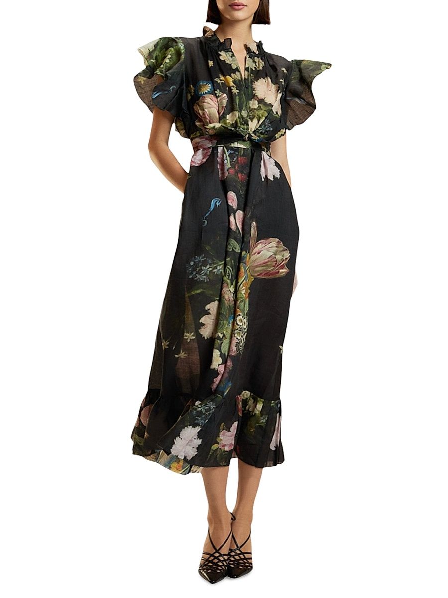 Women's Floral Tie-Waist Ramie Caftan Midi-Dress - Black - Size XS