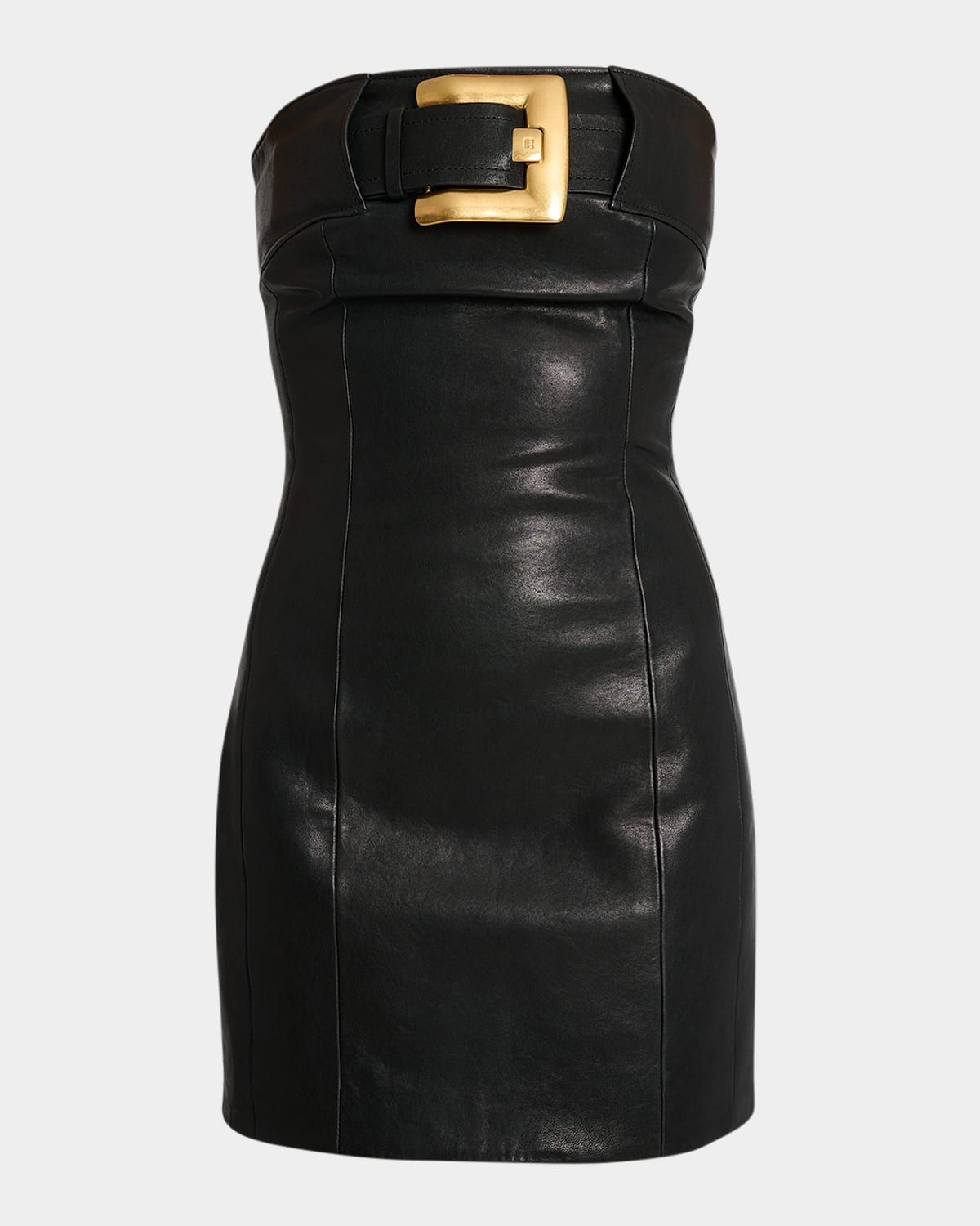 Belted Strapless Leather Mini Bustier Dress