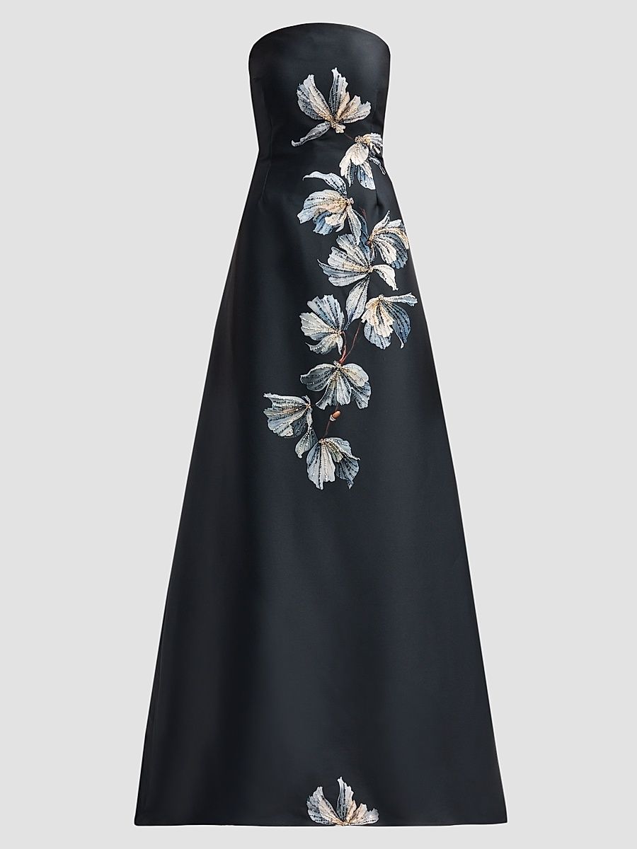 Women's Beaded Floral Mikado A-Line Gown - Black Multi - Size 0